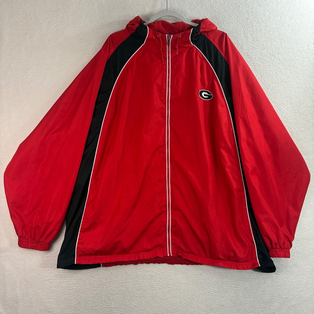 Y2K Georgia Bulldogs Windbreaker Jacket Men 2XL Red Full Zip Hooded Embroidered‎
